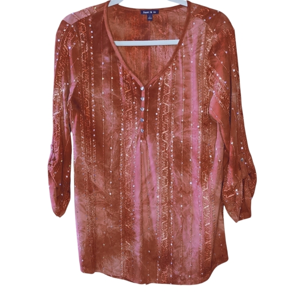 Sami & Jo Tops - Sami & Jo Rust Pink Beaded V-Neck Tunic